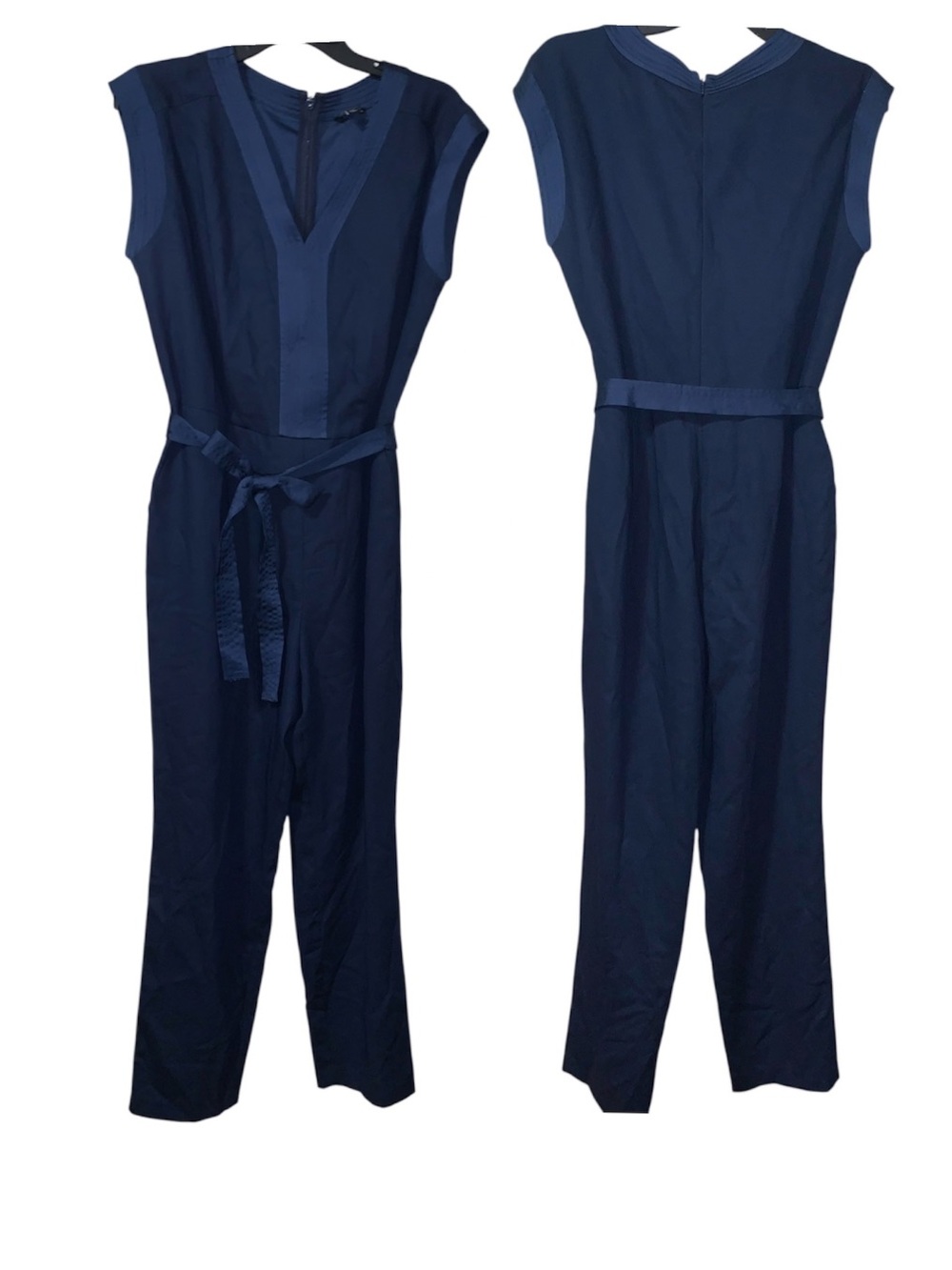 Ann Taylor Navy Sleeveless V-Neck Jumpsuit with Tie Waist
